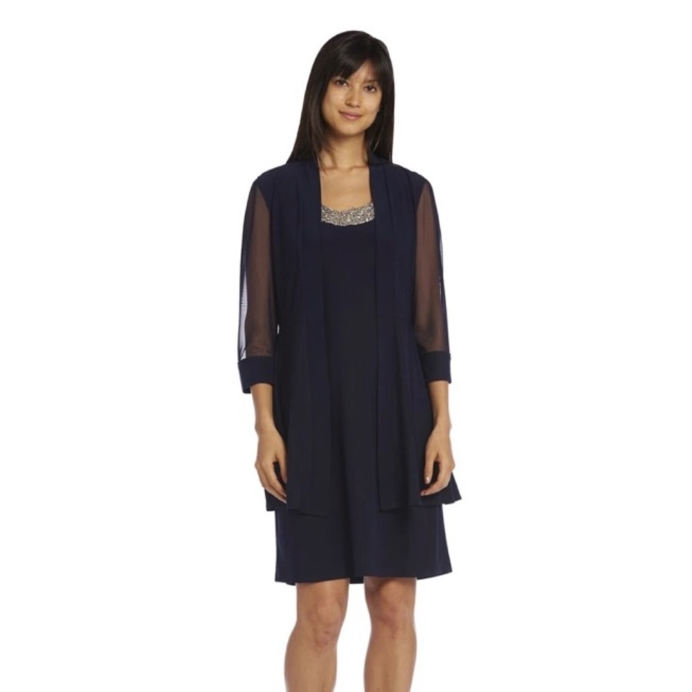 R&M Richards Navy Dress w/Beaded Neckline & Jacket